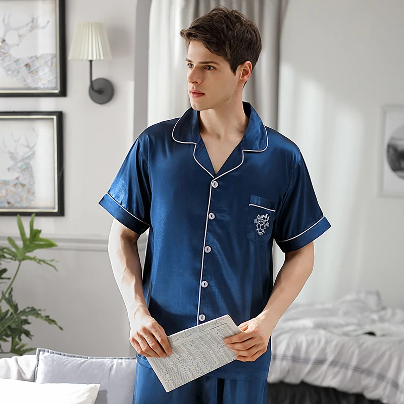 Sleepwear Male Summer Short Sleeve Long Pants Ice Silk Two-Piece Pajama Sets Blue Thin Men Pyjamas Homewear 9008B