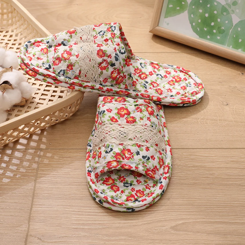 New Women Vintage Home Slippers Soft Cotton Floral Floor Shoes Toe Sole Slippers Non-slip Bedroom Couple Indoor Slippers