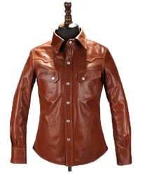 New Brown Cow Shirt Man's 100% Genuine Leather Jackets Fashion Men's Slim Japan Style Jacket