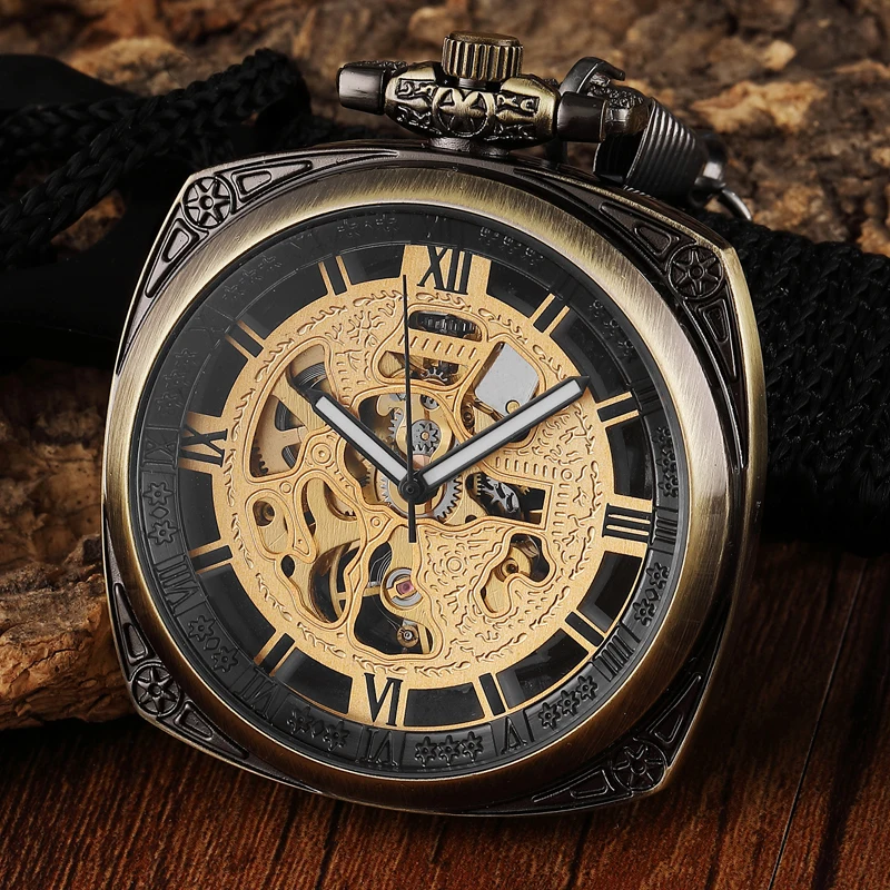 Vintage Retro Square Dial Steel Mechanical Pocket Watch Men Hollow Skeleton Sculpture Steampunk Pocket Watch Set Women Men Gifts