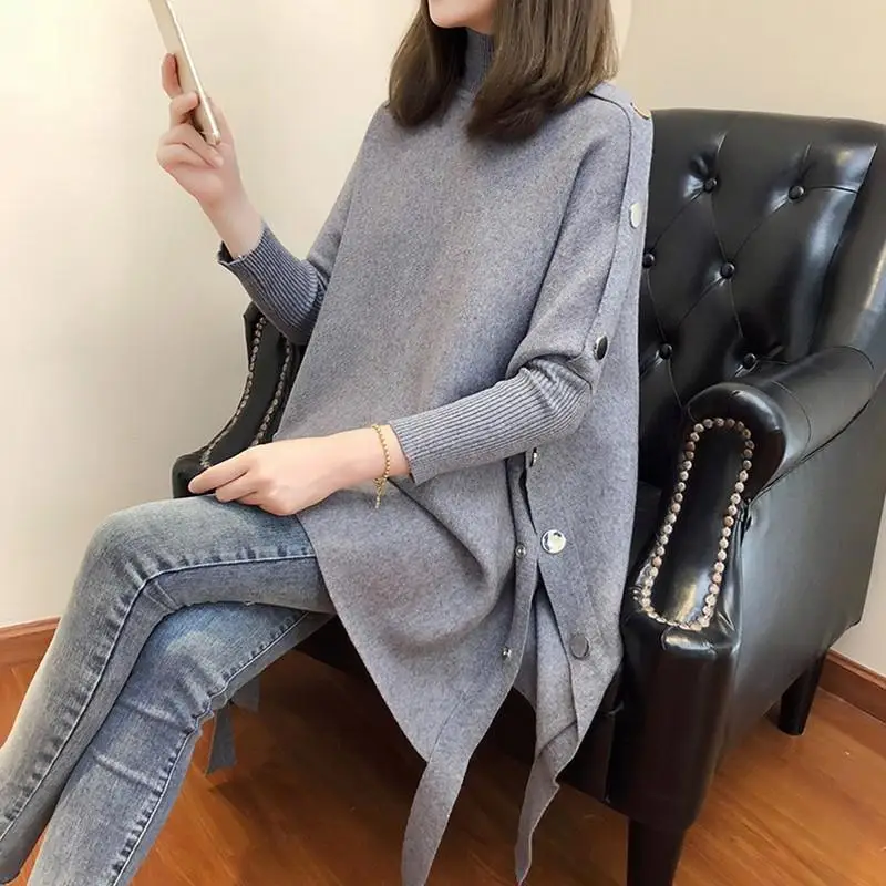 Bat sweater thick pullover sweater coat women's autumn and winter 2023 new sweater half high collar cloak covering the meat loos