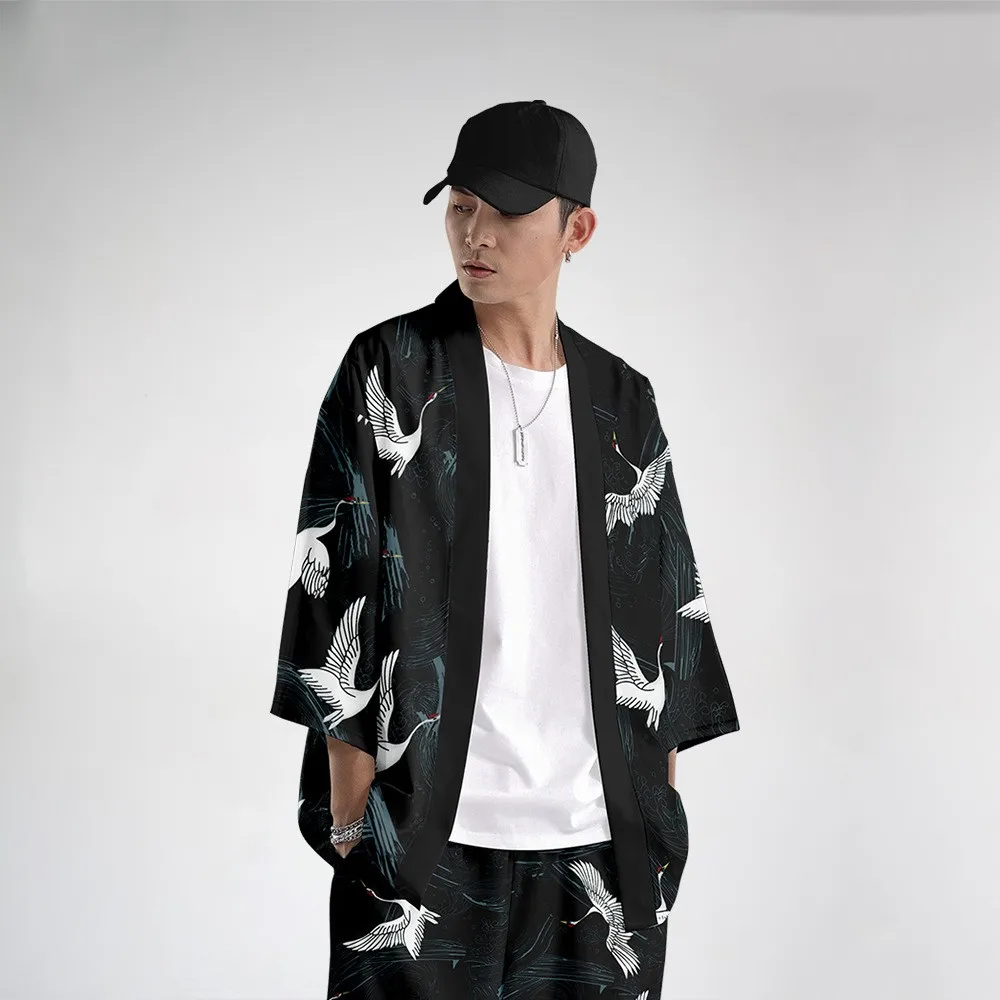 Oversize 6XL Men Kimono Cardigan Trousers Suit Japanese Print Crane Yukata Robe Set Novelty Jacket Chinese Style Tang Suit