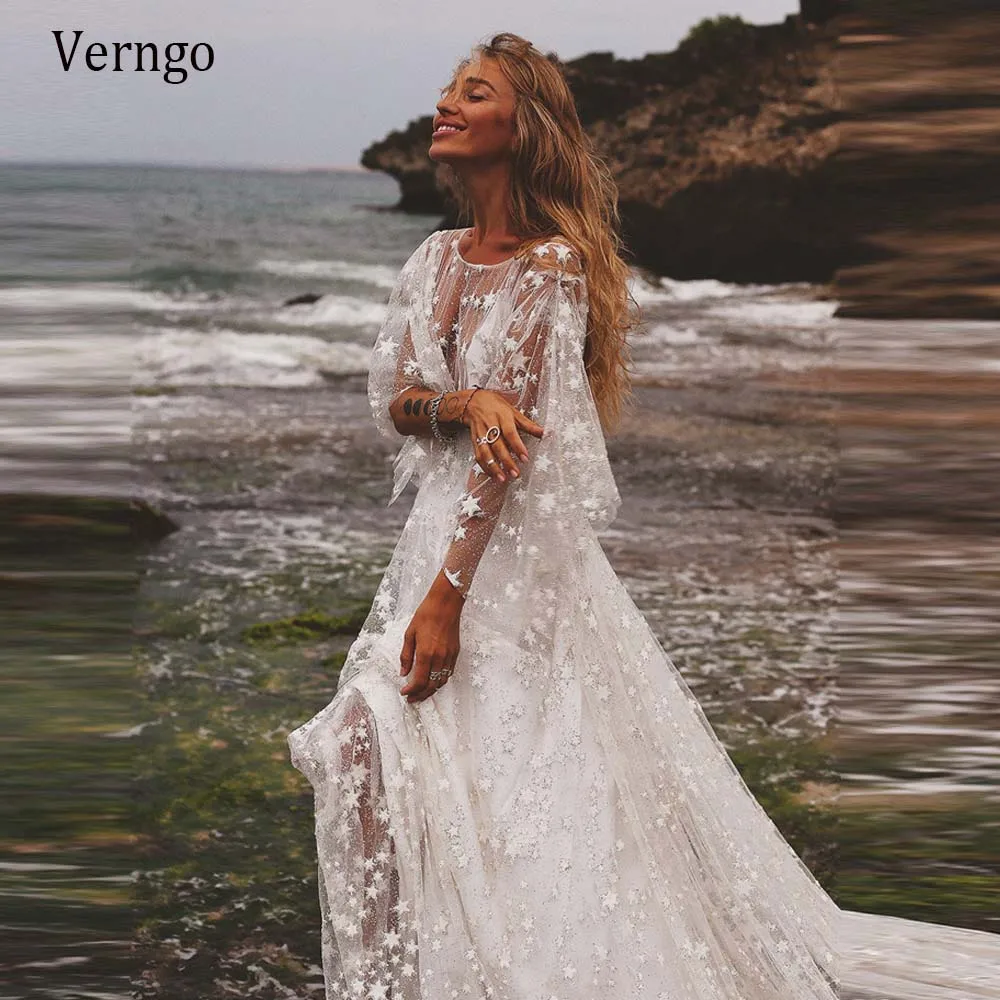 Verngo brilhos contando estrelas praia vestido de casamento boho rendas brilho contas mangas compridas moderno boêmio vestidos de noiva personalizados