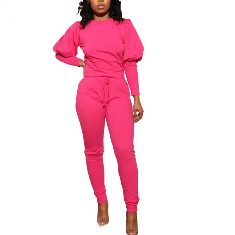 

Women Tracksuit Slim Puff Long Sleeve Tees Elastic Waist Straight Pants Set Solid Two Piece Sporty Suit Trouser Suits ropa mujer