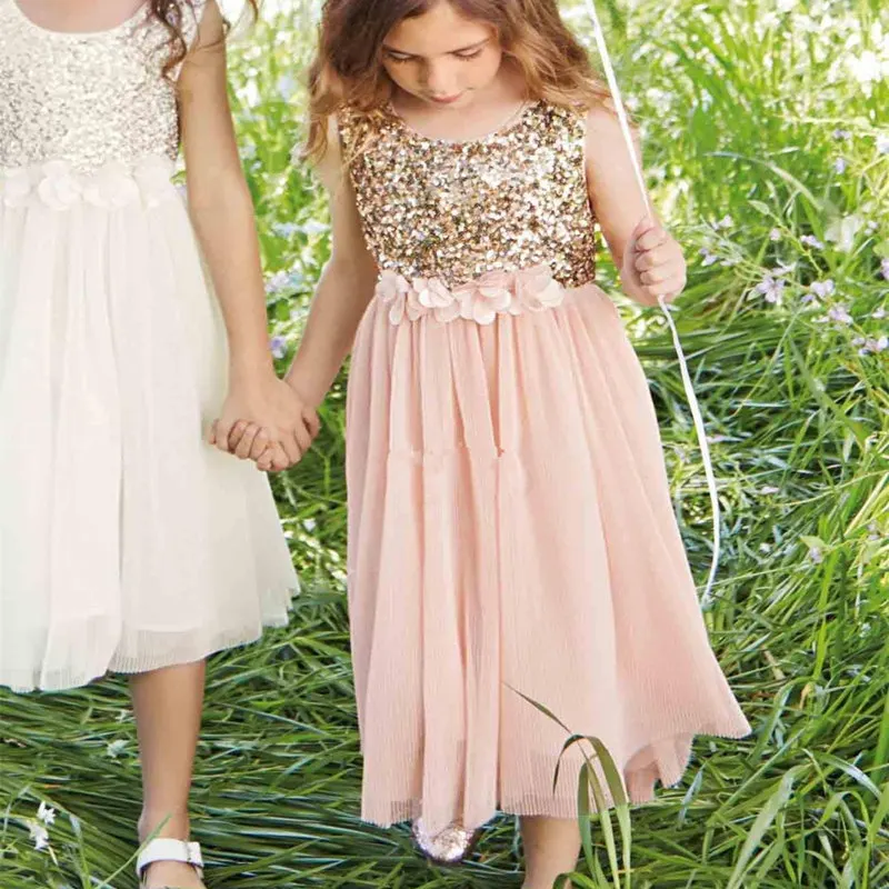 

Gold Sequins Tulle Flower Girls Dress Girls Sleeveless Princess Pageant Evening Party Dress First Holy Communion Ball Gown