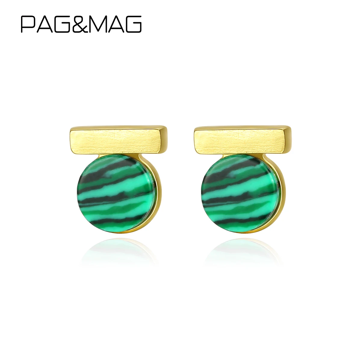 PAG & MAG New Fashion Natural Round Malachite Stud Earrings Real 925 Sterling Silver Fine Jewelry For Women Christmas Gifts