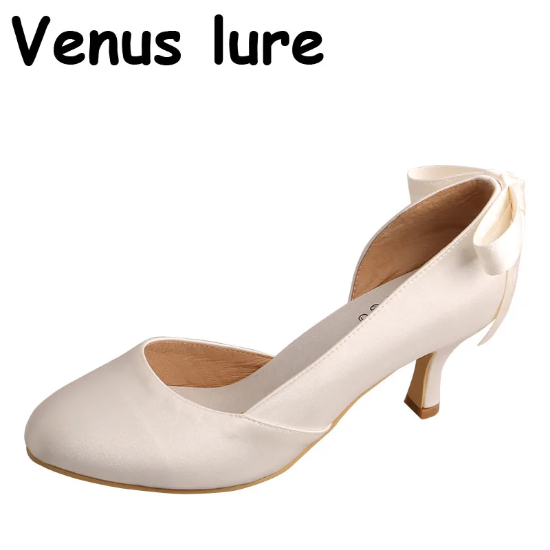 (23 Colors) Ivory White Closed Toe Shoes for Women Heel Size 8 Bow Pumps