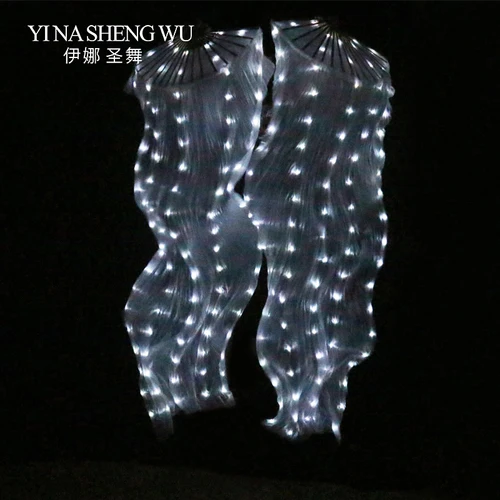 Imagen 2 del producto 100% seda LED Arco Iris danza abanicos largos danza del vientre accesorios de rendimiento danza del vientre danza china abanicos LED 1 unid/1 par con baterías