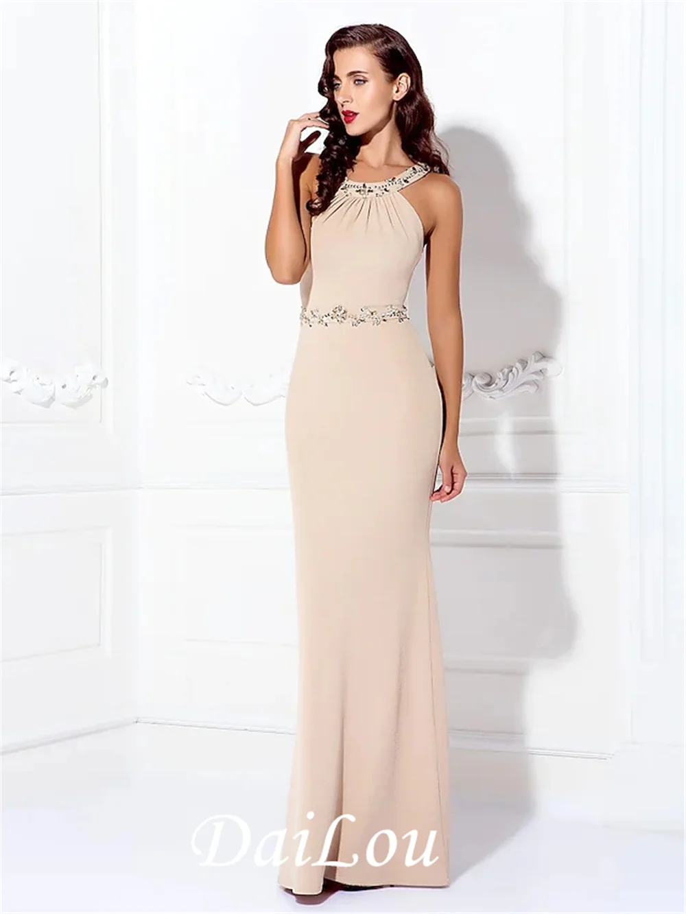 Mooie Terug Minimalistische Elegante Prom Avondjurk Halter Hals Mouwloos Floor Lengte Spandex Met Kralen 2022