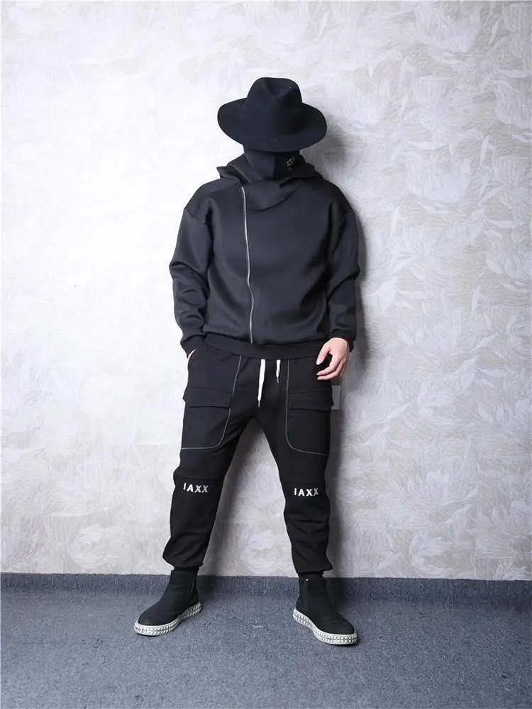 Men's Long Sleeve Hoodie Spring And Autumn New Nightclub Singer Dark Zipper Decoration Casual Loose Large Size Jacket