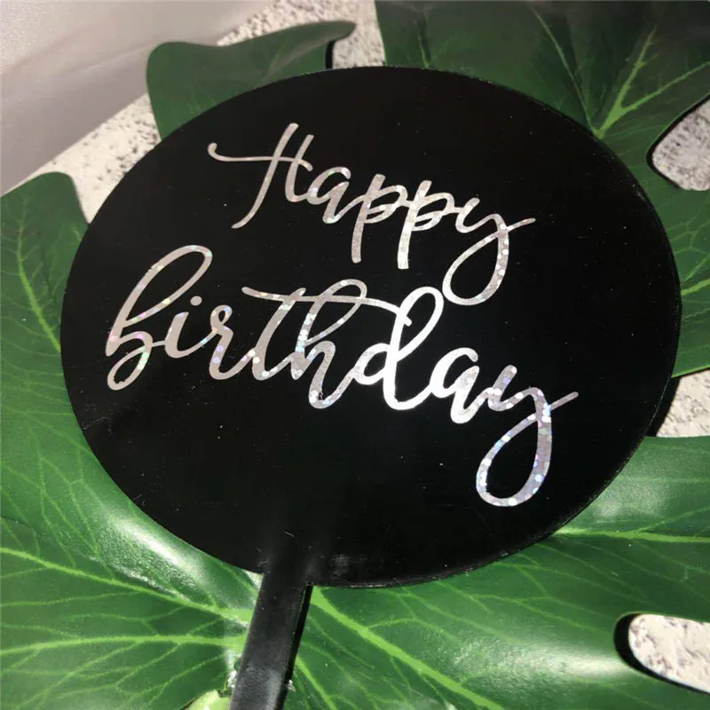 New/ Round Happy Birthday Cake Topper Hot Stamping Acrylic Letter Cake Top Flag Decoration for Boy Girl Birthday Party Supplies