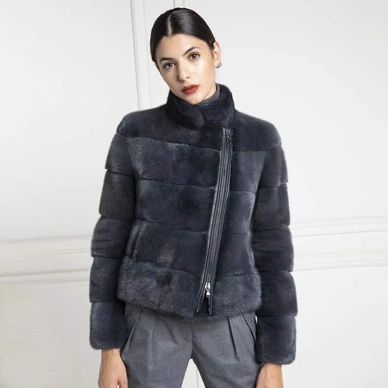 Natural Dark Grey Mink Fur Jacket Women Luxury Fashion Outertwear Stand Neck 100% High Quality Real Fur Jacket Lady Spring New