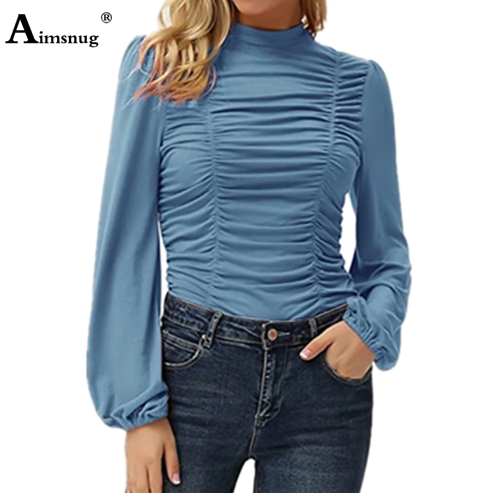 Manga longa feminina elegante moda shirring camiseta oversize roupas superiores femininas 2021 outono magro ruched camisetas camisa de gola alta