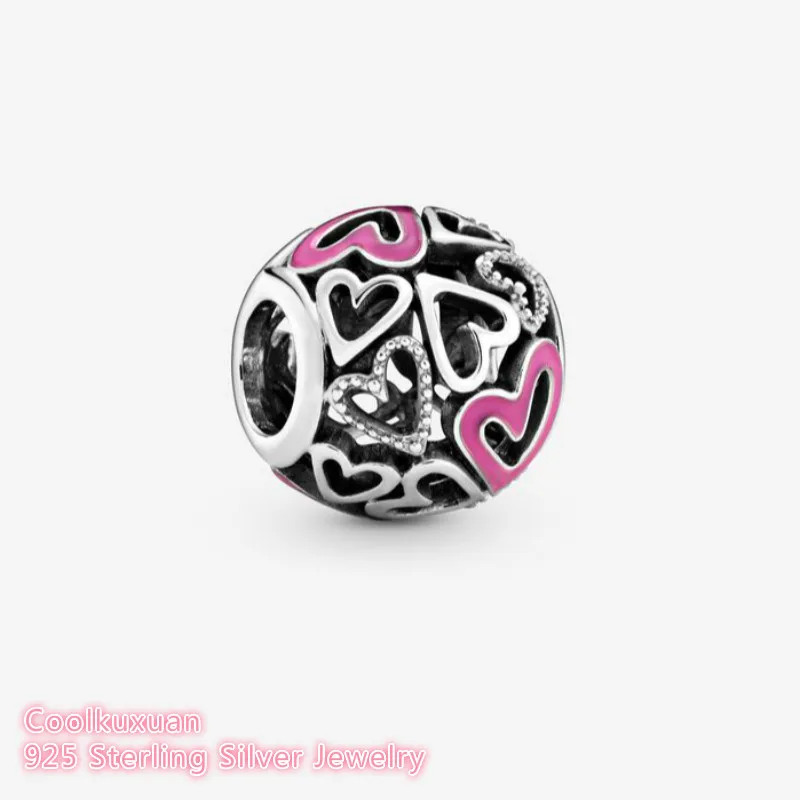 

100% 925 Sterling Silver Pink Openwork Freehand Heart Charms beads Fits Original Pandora bracelets Jewelry Making