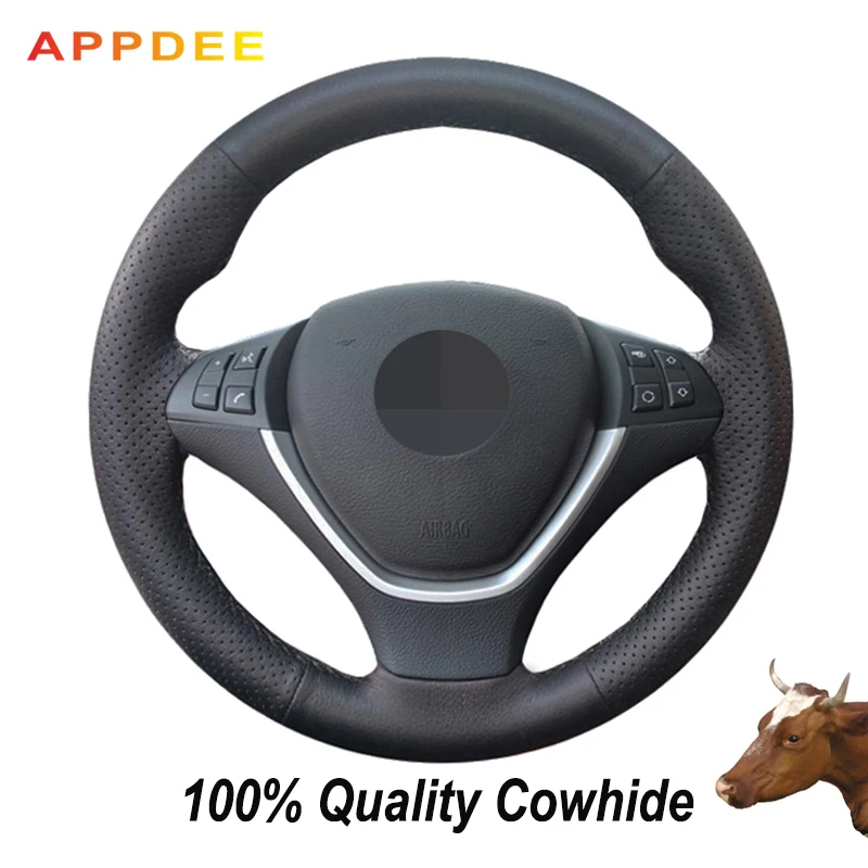 APPDEE Hand-stitched Black Genuine  Leather Steering Wheel Cover for BMW X6 E71 2008-2014 E70 X5 2008-2013