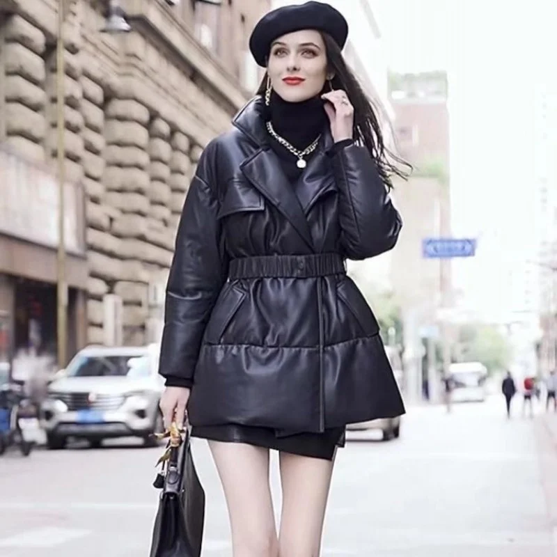 Women Winter Streetwear Genuine Leather Down Coat Fashion Office Medium Long Slim Warm Thick Jacket Sashes Sheepskin Down Jacket