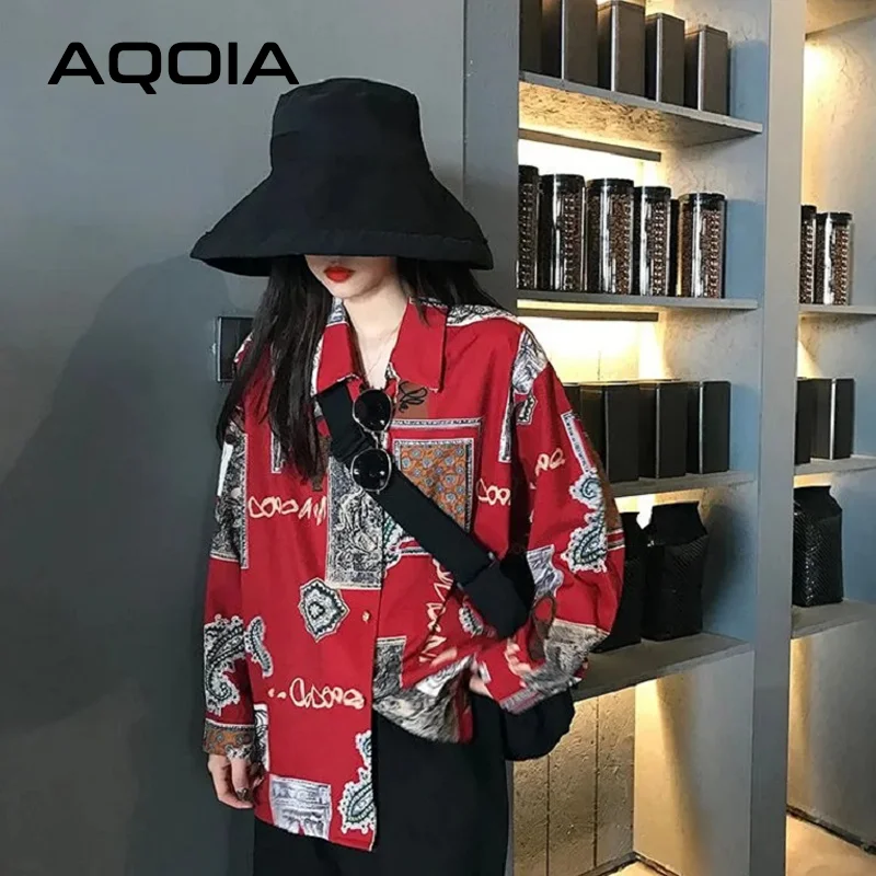 2022 Spring Street Style Oversize Women\'s Shirt print Loose Ladies Blouse Long Sleeve Red Ladies Button Up Female Clothing