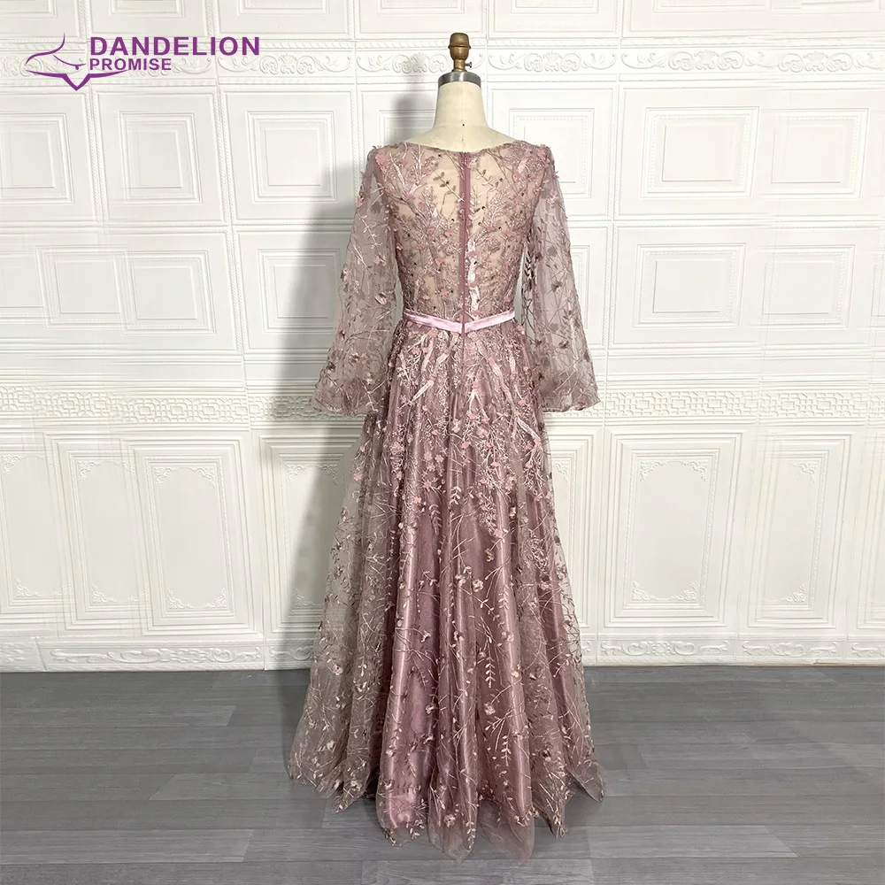 Luxury Dubai Arabic Evening Dresses 2020 Full Lace Long Flare Sleeves Aline O-Neck 3D Flower Formal Party Gowns