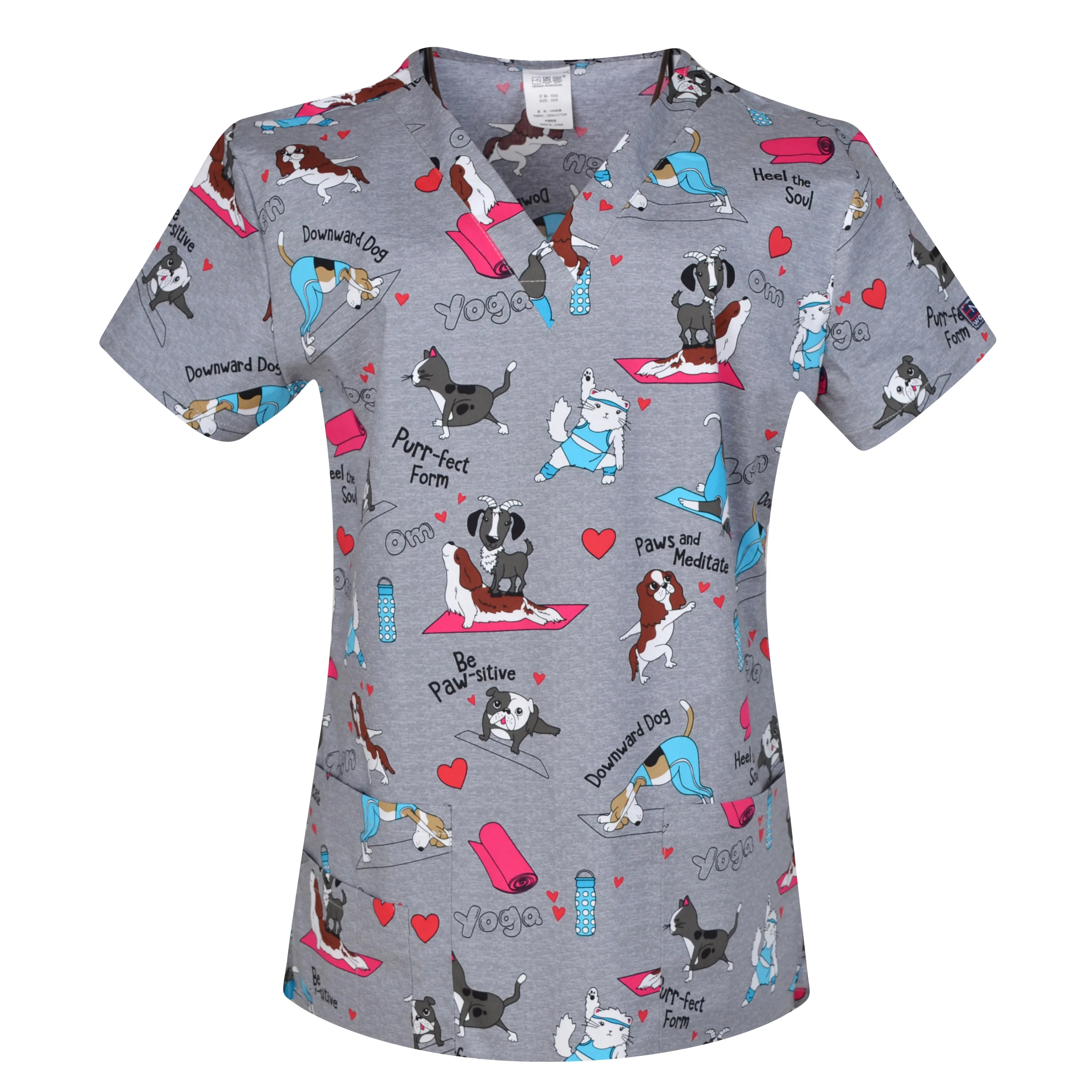 Women Scrub Top With V-Neck 100% Cotton Print Scrub Uniforms Nurse Scrub Tops For Women