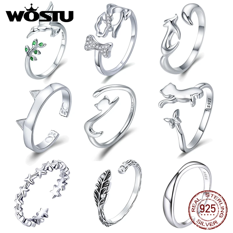 WOSTU 100% Real 925 Sterling Silver Cute Cat Finger Adjustable Rings for Women Band Rings Party Jewelry Gift DXR341