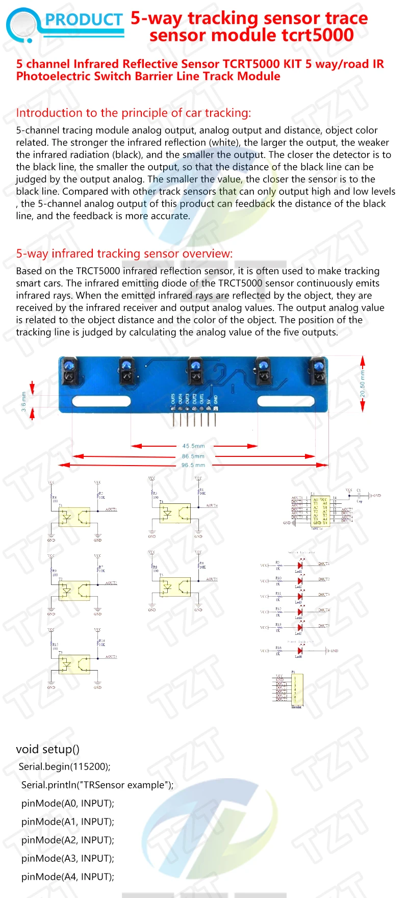 MH-ET LIVE 5-Kanal-Infrarot-Reflexionssensoren TCRT5000 KIT 5-Wege/Straßen-IR-Fotoelektrischer Schalter Barriere-Linien-Spurmodul – Detail 1