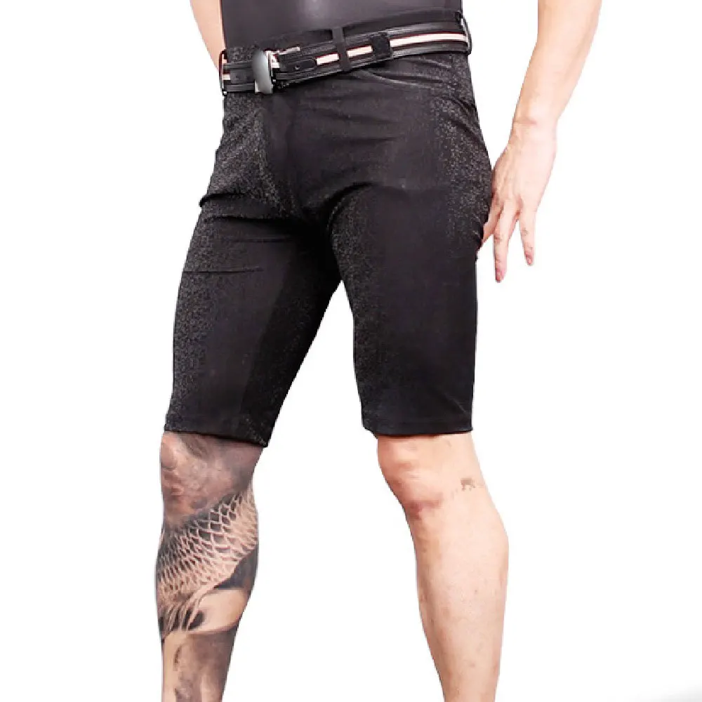 Sexy Men Casual Short Pants Faux Leather 3D Camo Shiny Knee Length Capris Short Pants Latex U Convex Pouch Cargo Homme Boxer F70