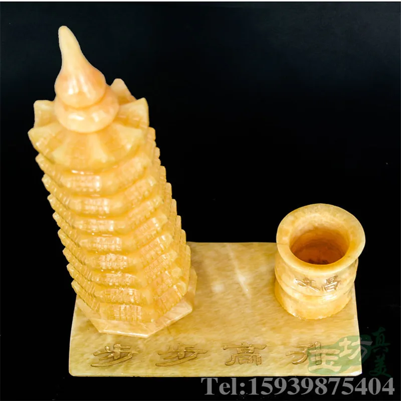 China Handmade Natural Topaz Jade Ornaments Wenchang Tower Pen Holder Feng Shui Ornaments Gifts