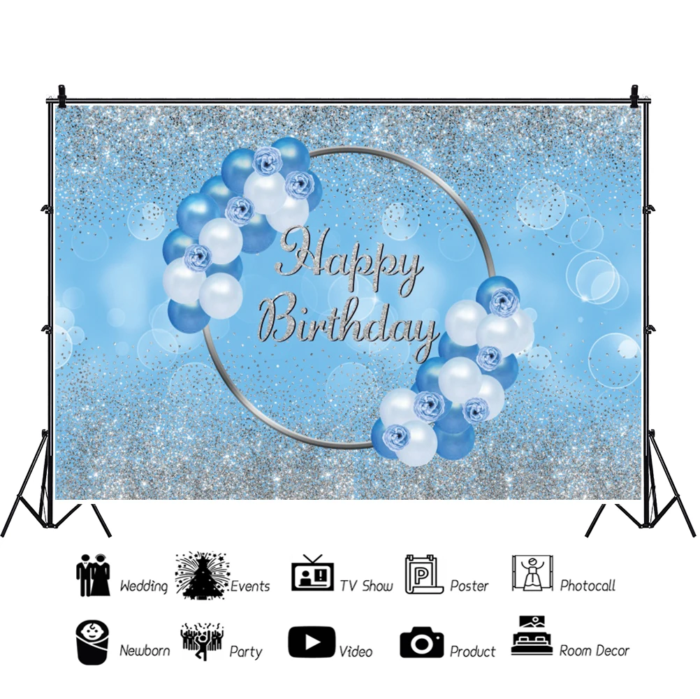 Laeacco Blue White Balloon Birthday Party Photo Backdrop Silver Glitters Light Bokeh Portrait Customized Photography Background