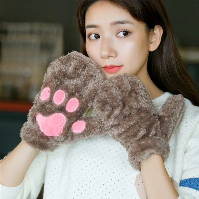 Cat\'s paw cute plush thickened mittens winter female fleece full finger plus velvet Korean version of furry Japanese soft girl