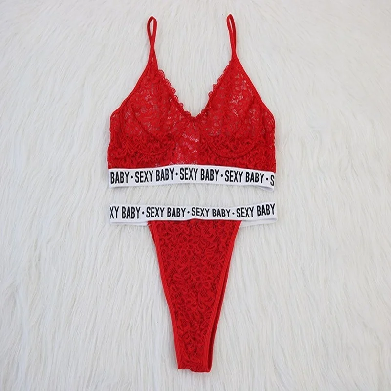 النساء مجموعة الملابس الداخلية مثير الدانتيل ثلاث نقاط بيكيني البرازيلي سراويل المثيرة الجوف انظر من خلال الملابس الداخلية الاباحية رسائل طباعة الجنس زي