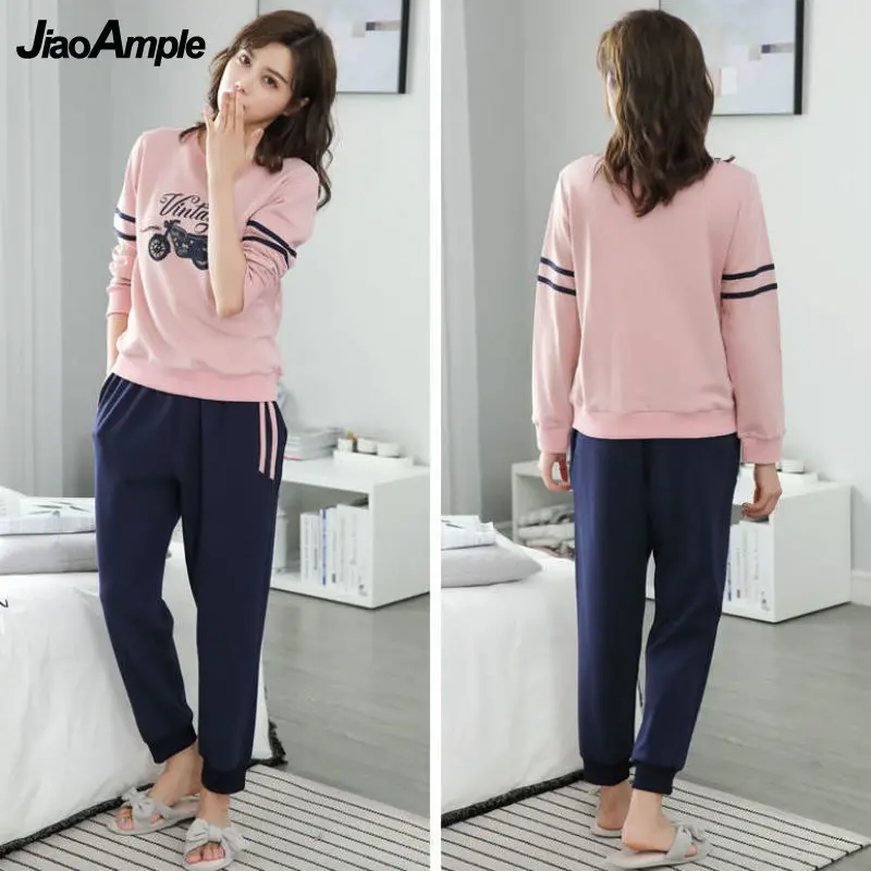 100% Cotton Pajamas Women's Spring Autumn Pijamas Two-piece Korean Cute Sleepwear Casual Nightwear Home Clothes Suit