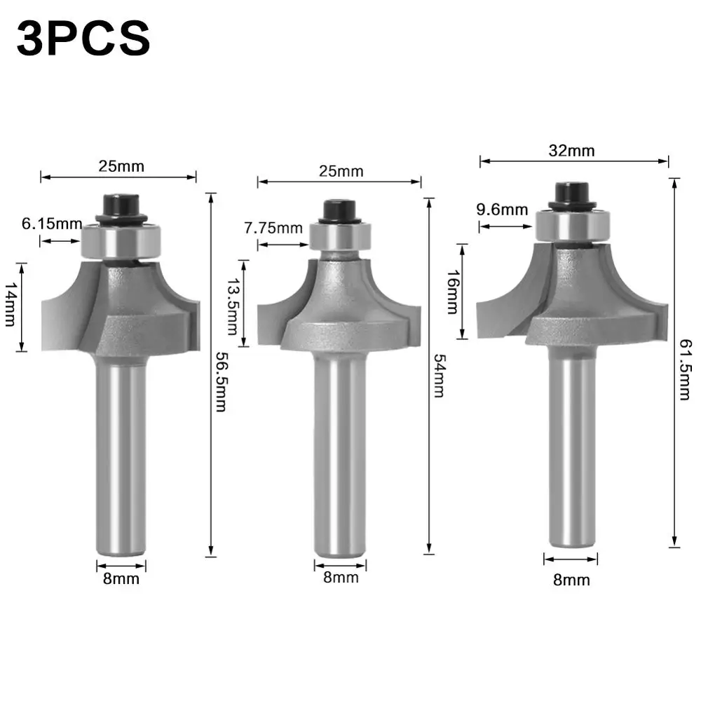 3pc 8mm Shank Round-Over Router Bits for wood Woodworking Tool 2 flute endmill with bearing milling cutter Corner Round Over Bit