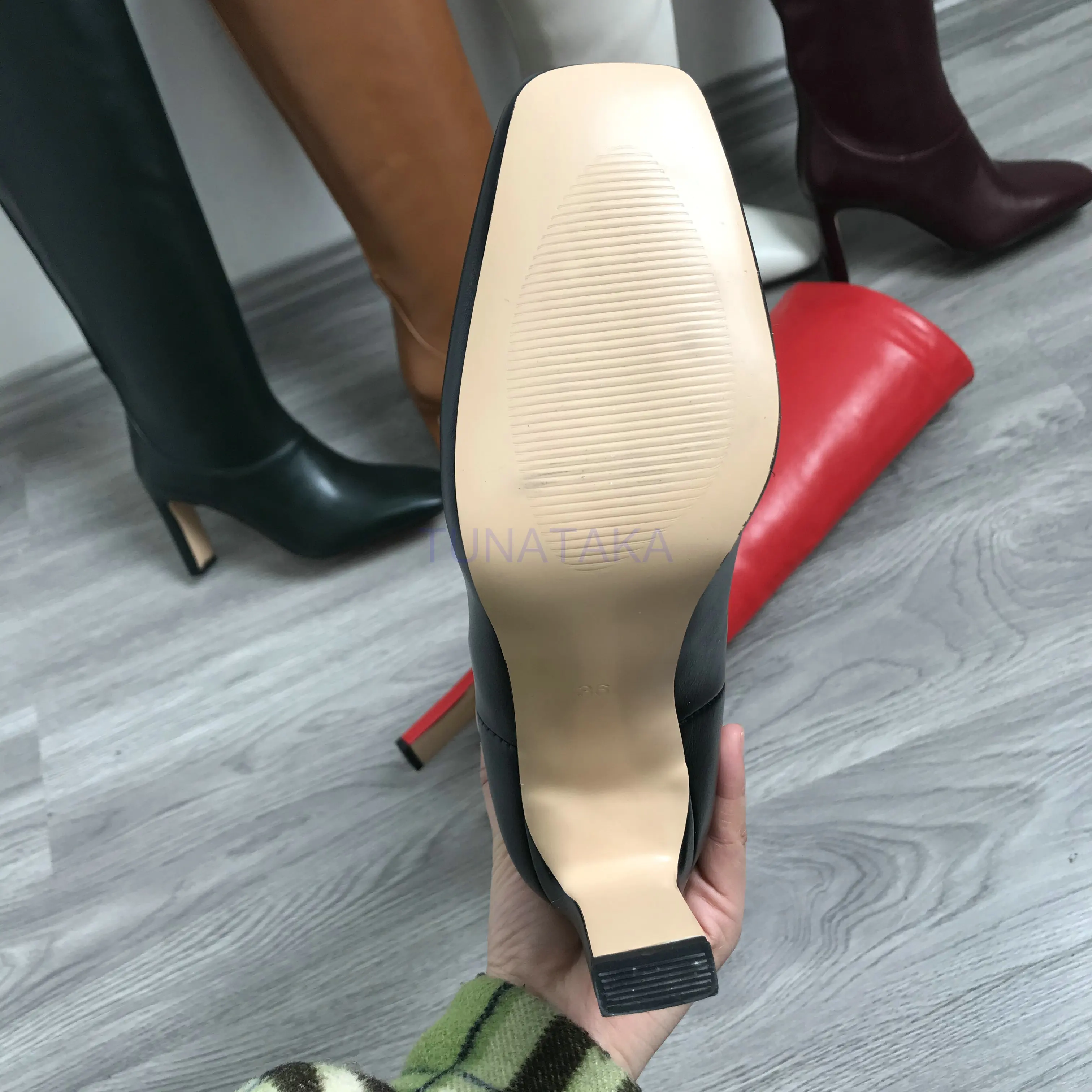 Band Designer Faux Leather Women Knee High Boots Square Toe Boots Women Long Thin Block High Heel Boots Black Beige Yellow Green