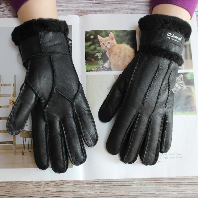 Leather Sheepskin Fur Gloves Women Hand-stitched Winter Thick Warm Wool Multicolor Stitching Style Finger Gloves