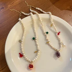 XIALUOKE Korea Fashion Baroque Freshwater Pearl Necklaces For  Women's Candy Color Grapes Grapefruit Pendant Necklace Jewelry