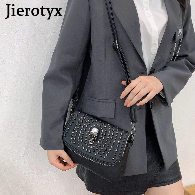 JIEROTYX New Design Women Shoulder Bag Vintage Punk Skull Tote Black Leather Crossbody Bags Fashion Rivet Hot INS Great Quality