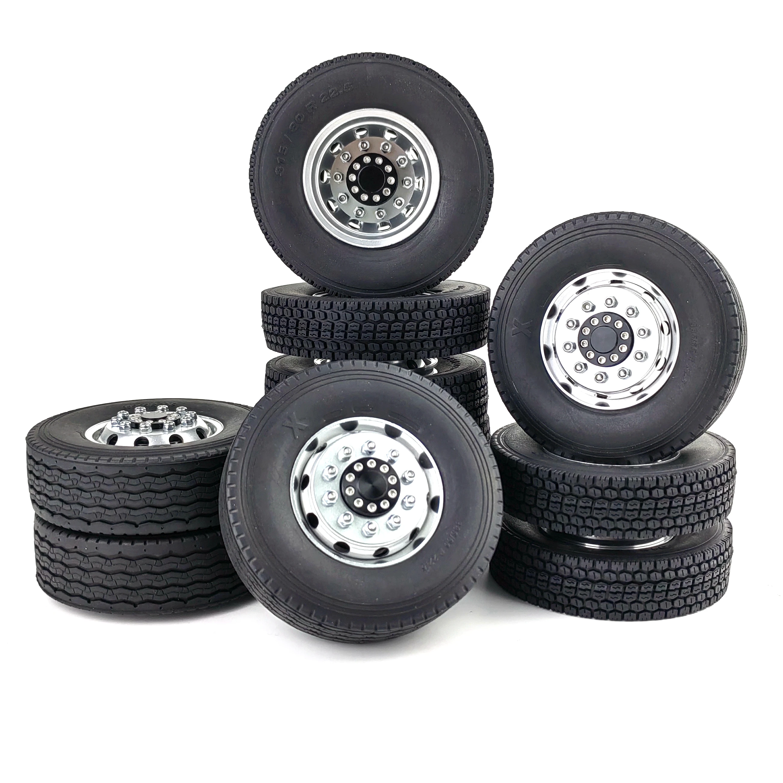 TRINOOD Tamiya Front & Rear Wheel Hub Rubber Tyre Wheel Tires Complete Set for 1/14th Scale 8x8 RC Tractor Truck Car Parts