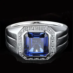 Square Blue Crystal Sapphire Gemstones Bague Zircon Diamonds Rings for Men White Gold Color Fashion Jewelry Business Accessories