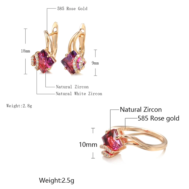 Kinel Hot Square Red Natural Zircon Ring Earrings Sets 585 Rose Gold Dangle Earrings for Women Fashion Wedding Jewelry Sets