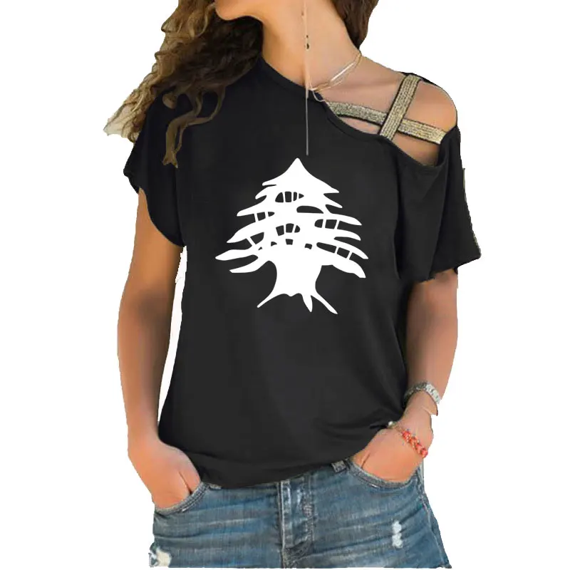 Women clothing Lebanon Cedar Tree Fashion Print Tee T-shirt Women Top Short Sleeve Female Casual Irregular Skew Cross Tops