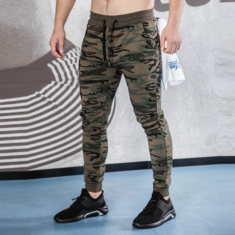 Calça de camuflagem casual masculina, Zip Pocket Joggers, calças elásticas fitness, roupas musculação, calças