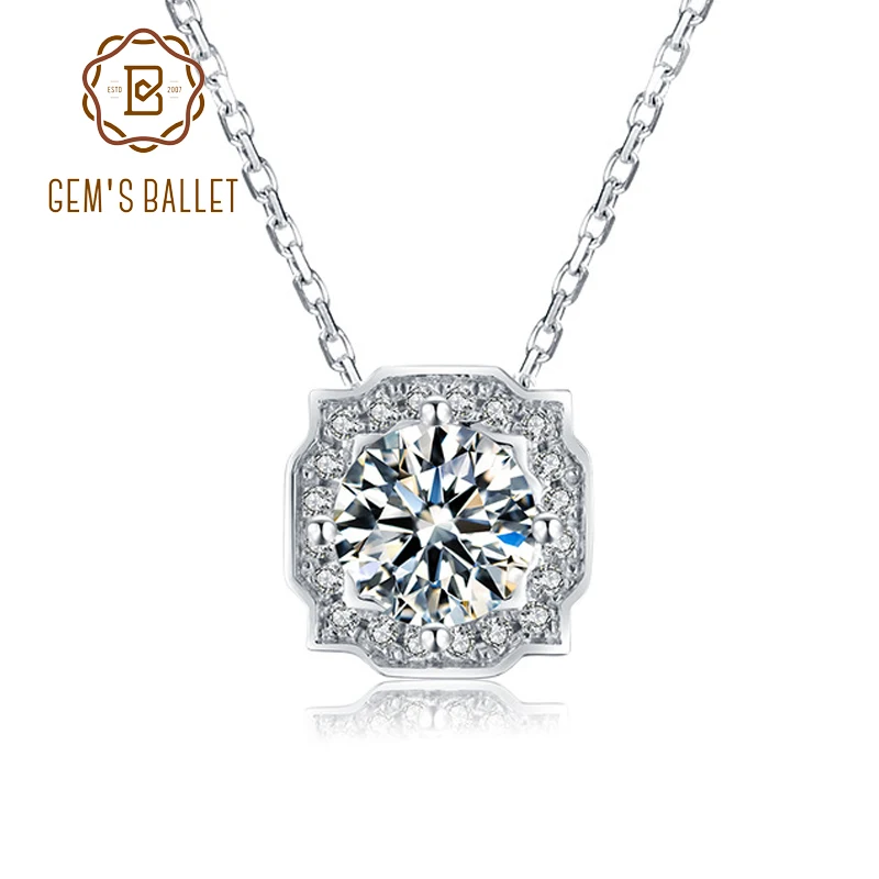 

GEM'S BALLET 1.0ct VVS1 Brilliant Moissanite Diamond Pendant Necklace For Women 925 Sterling Silver Halo Wedding Necklace