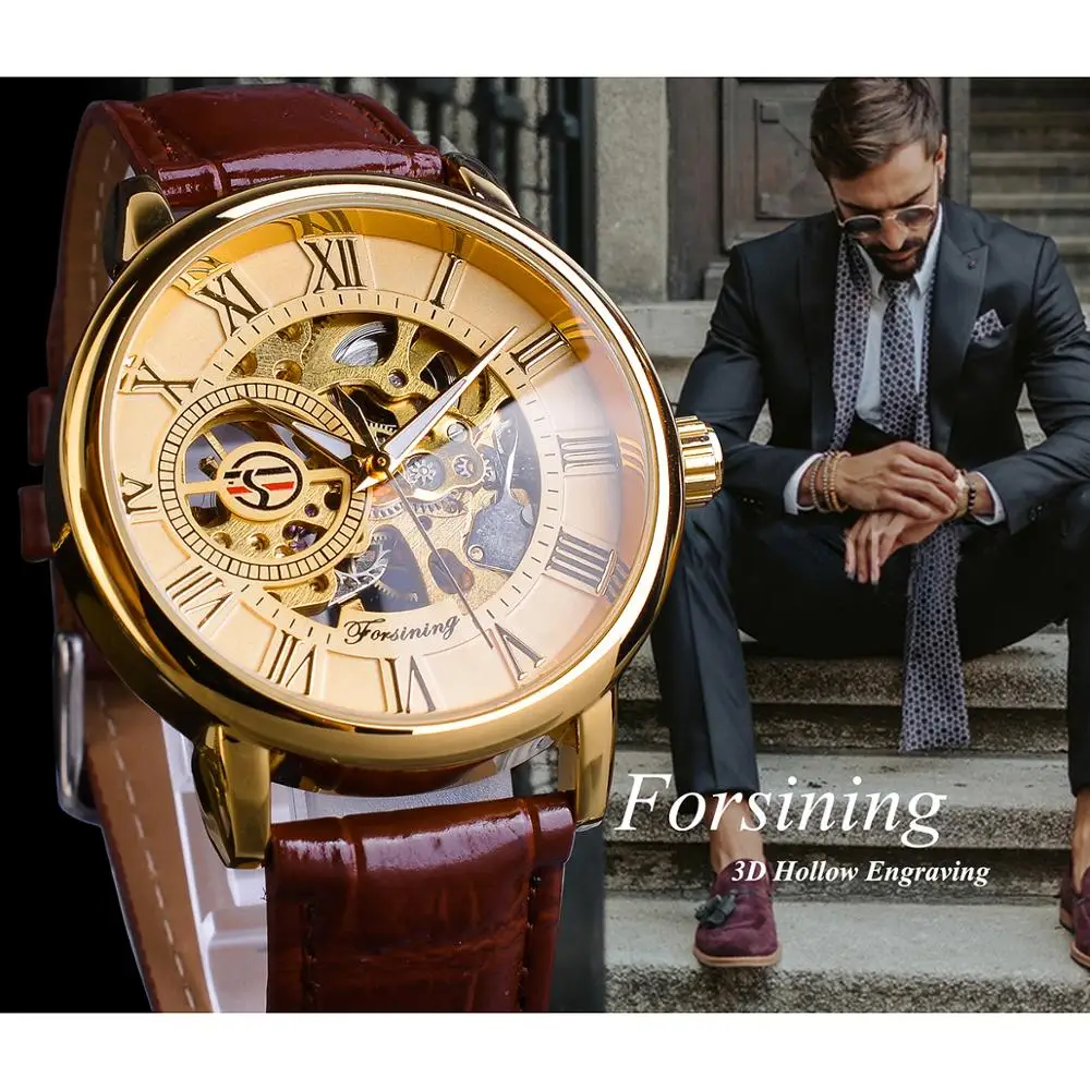 Forsining Classic Mens Mechanical Watches Skeleton Golden Roman Ultra-Thin Hand Wind Business Dress Gentleman Leather Wristwatch