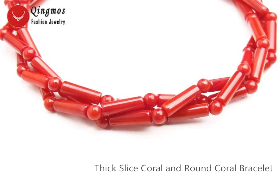 Qingmos Fashion 3*9mm Thick Slice Natural Red Coral Bracelets for Women with 3-4mm Round Coral Bracelet Jewelry 7.5\'\' bra487