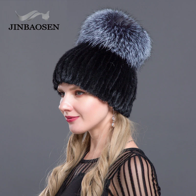 JINBAOSEN Ski Hat Mink Fur Cap Mink Fox Combined with Fur Fashion Hat Knitted Wool Set Winter Ladies FOX Fur HAT