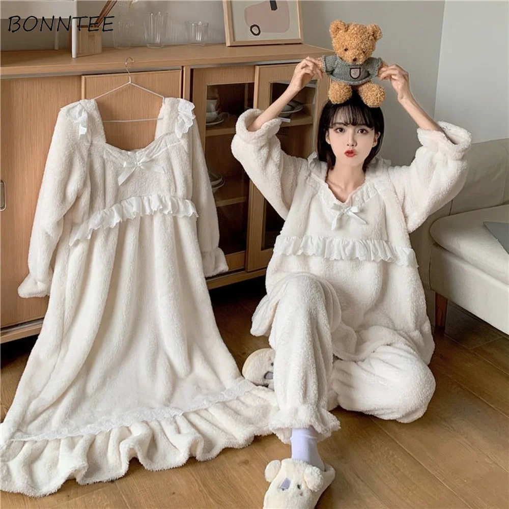 

Pajama Sets Women Solid Square Collar Lounge Sleepwear Sweet Schoolgirls College Fashion Coral Fleece Loose High Quality Female