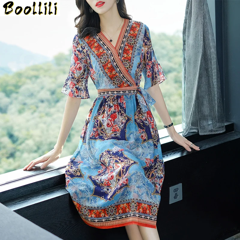 

2023 Retro Boollili Summer 100% Silk Boho Dress for Women Floral Vintage Dress Elegant Beach Long Dresses Korean Vestido Mujer