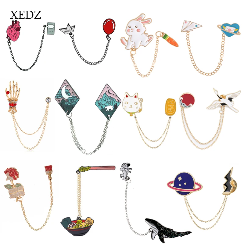 XEDZ Fashion animal balloon flying crane two petal chain enamel brooch bone palm flower noodle rabbit astronaut badge jewelry fr