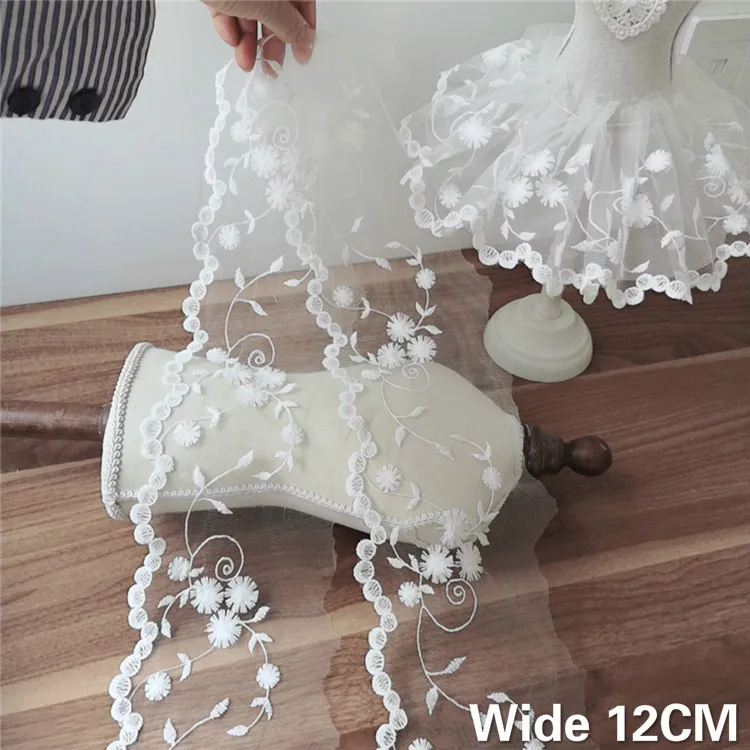 12CM szerokości biały tiul siatka 3d tkanina w kwiaty haft koronkowa gipiura wykończenia wstążka suknia ślubna DIY odzież sztuka szycia dostaw