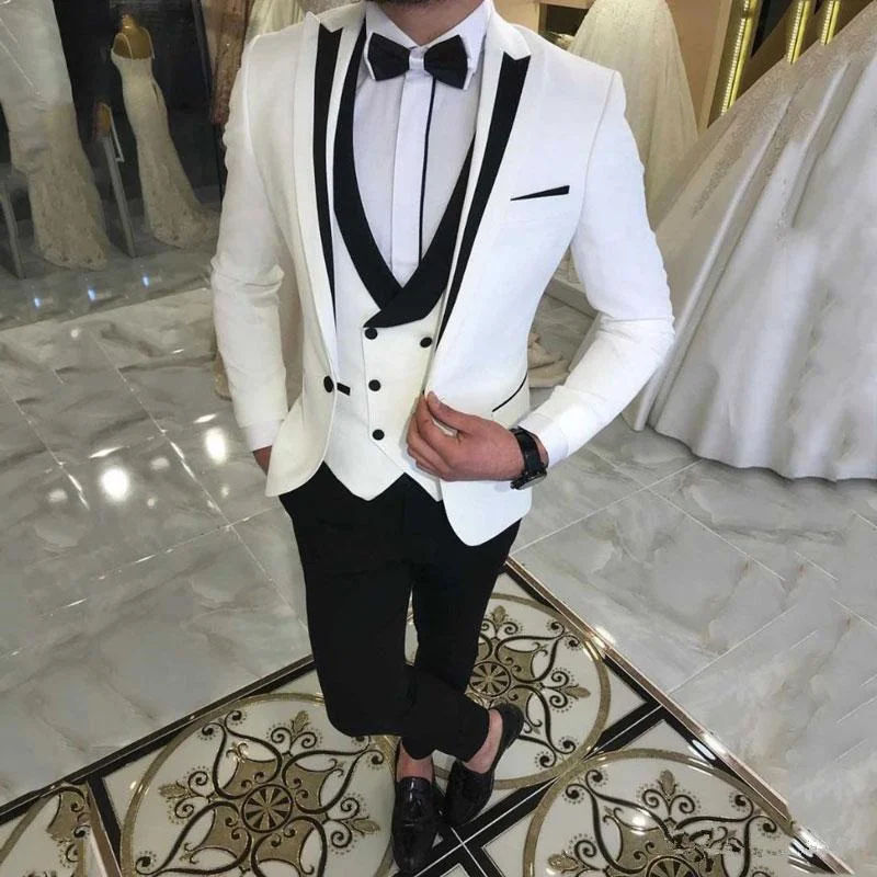 

Latest White Suits for Wedding Tuxedos Groom Wear Black Peaked Lapel Groomsmen Outfit Man Blazers 3PCS trajes de hombre Costume